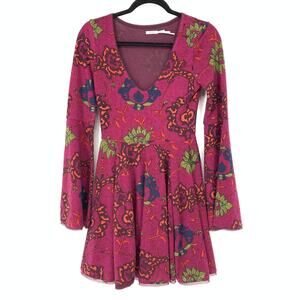 Urban Outfitters Dress Kimchi Blue Women's S V-Neck Floral Bell Sleeve Berry